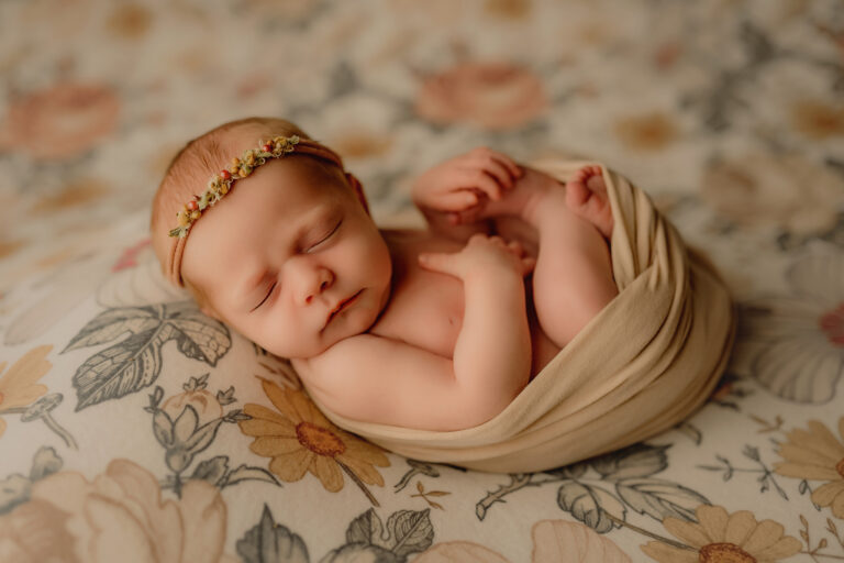 newborn girl in dover pa photo studio with floral blanket and headband